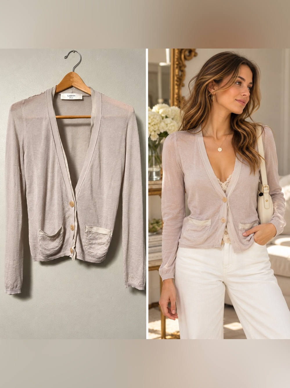 Lanvin Semi-sheer Lightweight Knit Cardigan Women's M Soft Cream/Beige Button Up